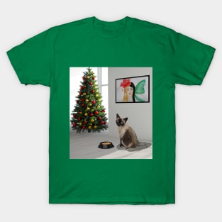 Siamese cat sitting in the white room with food and Christmas tree T-Shirt